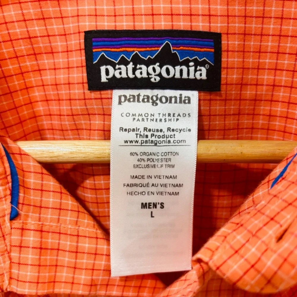 Patagonia Mens Large Orange Plaid Long Sleeve Ventilated Fishing Hiking Shirt L